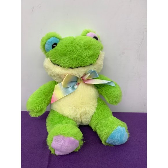 Walmart Green Frog Blue Purple Plastic Eyes Rainbow Ribbon 7 Inch Plush - Picture 1 of 8